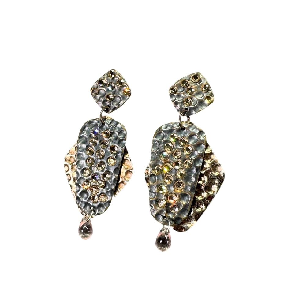 Vintage Hammered Metal and Rhinestone Dangle Drop Stud Earrings